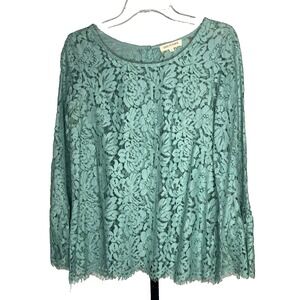 Women's Solitaire green Floral Lace Lined Blouse Size Small Bell sleeve fairy